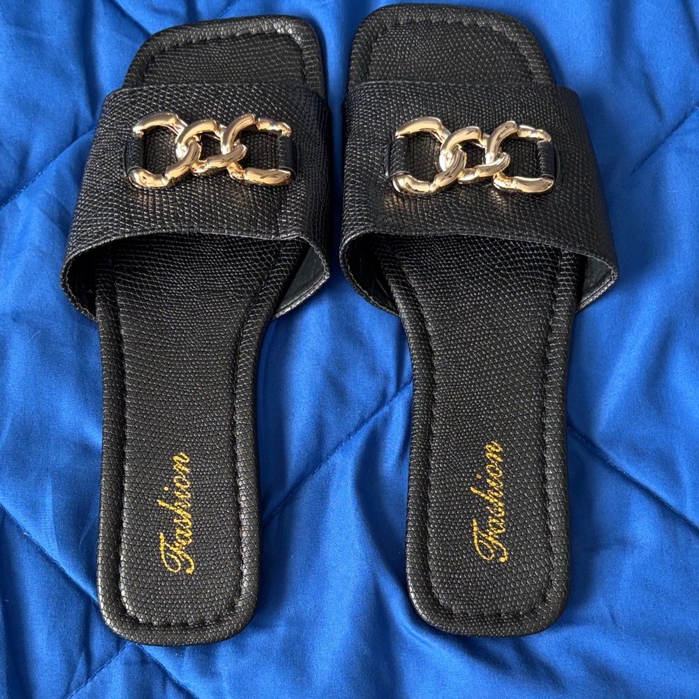 Zara Black Sandals with Gold Chain Detail